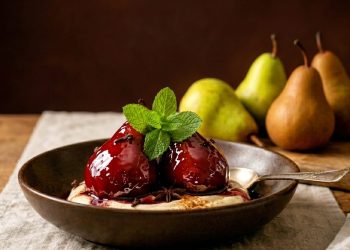 Pêras cozidas ao vinho com nata